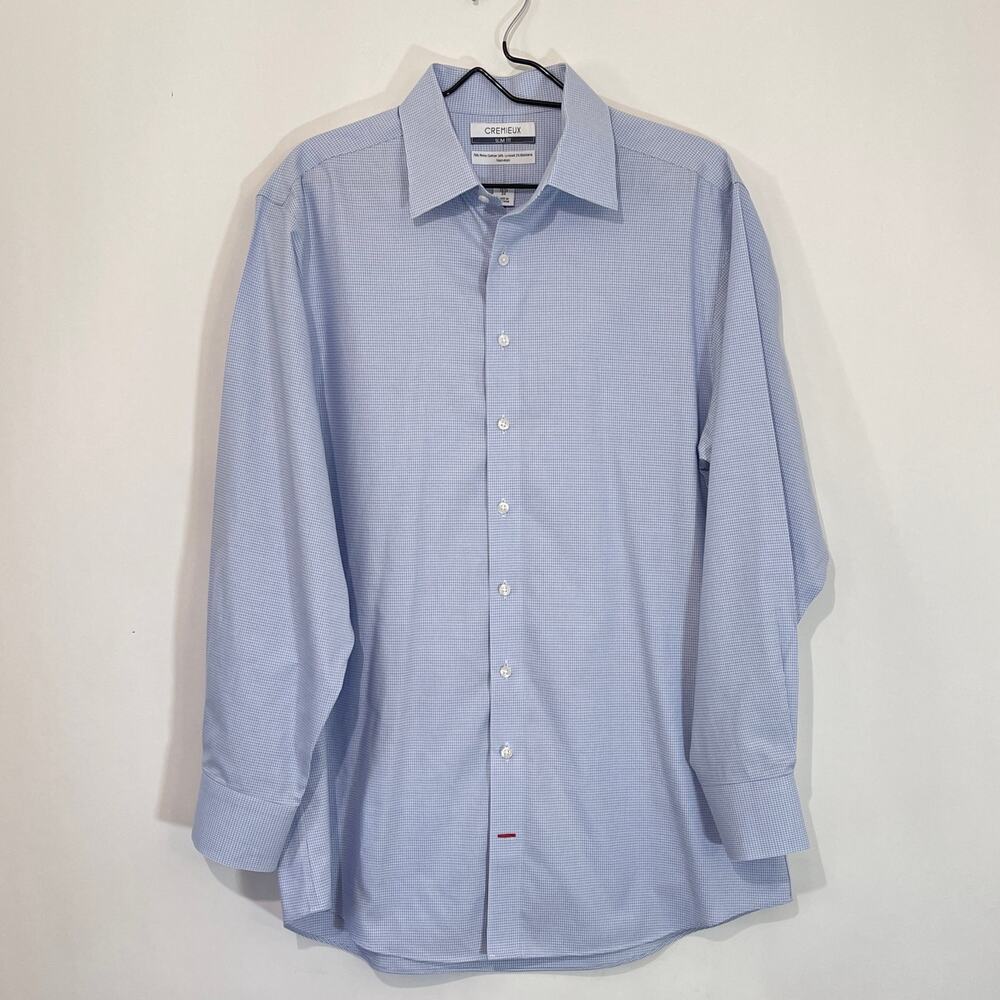 Cremieux Dress Shirt Mens 34 16.5 Blue Slim Fit Long Sleeve No Iron Stretch